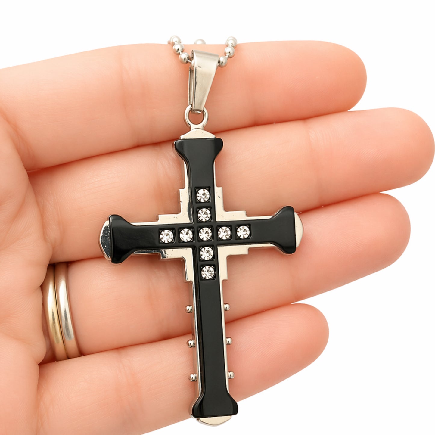 Black Cross Pendant Necklace – Stainless Steel Chain 20”