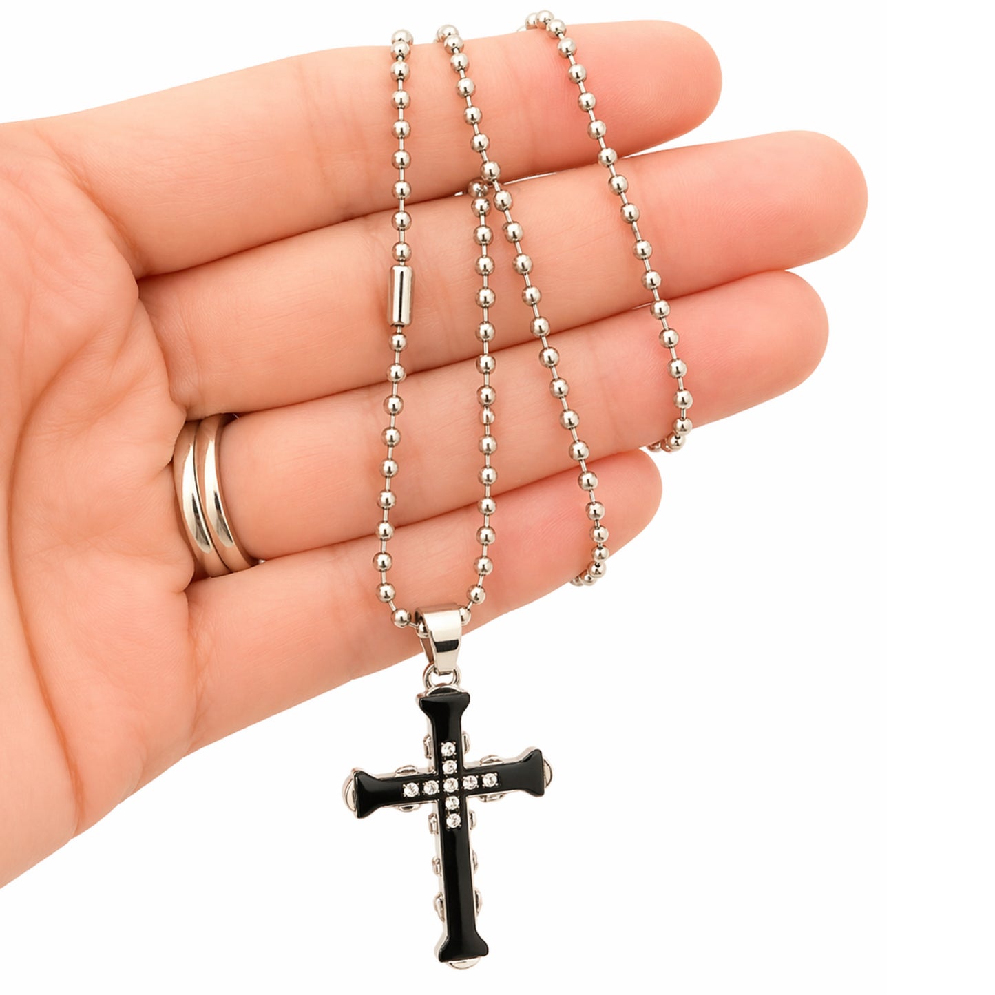 Black Cross Pendant Necklace – Stainless Steel Chain 20”