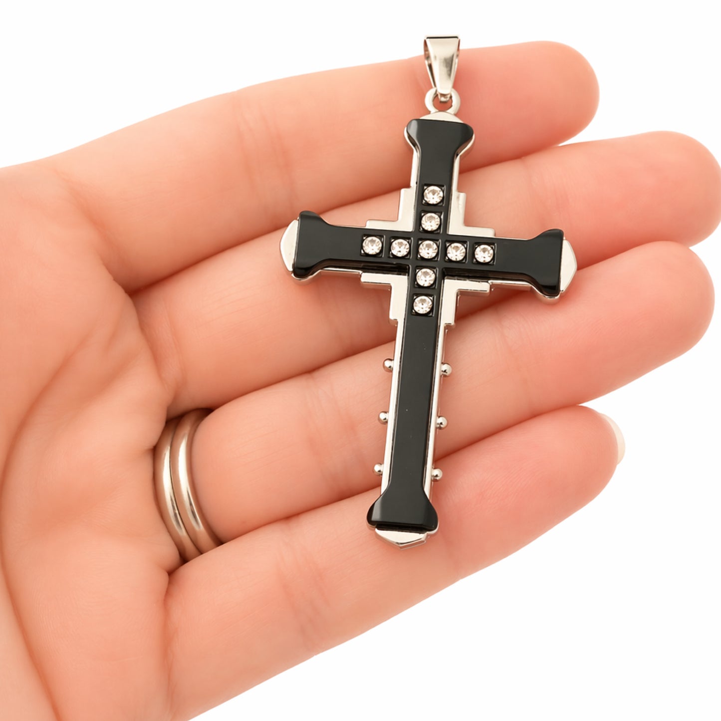 Black Cross Pendant Necklace – Stainless Steel Chain 20”