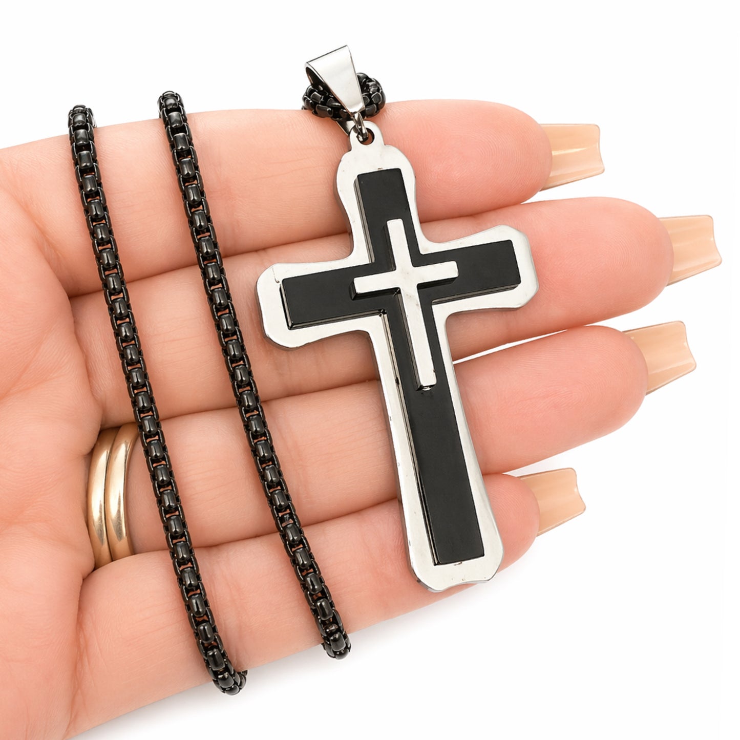 Black Stainless Steel Cross Necklace – 24” Box Chain