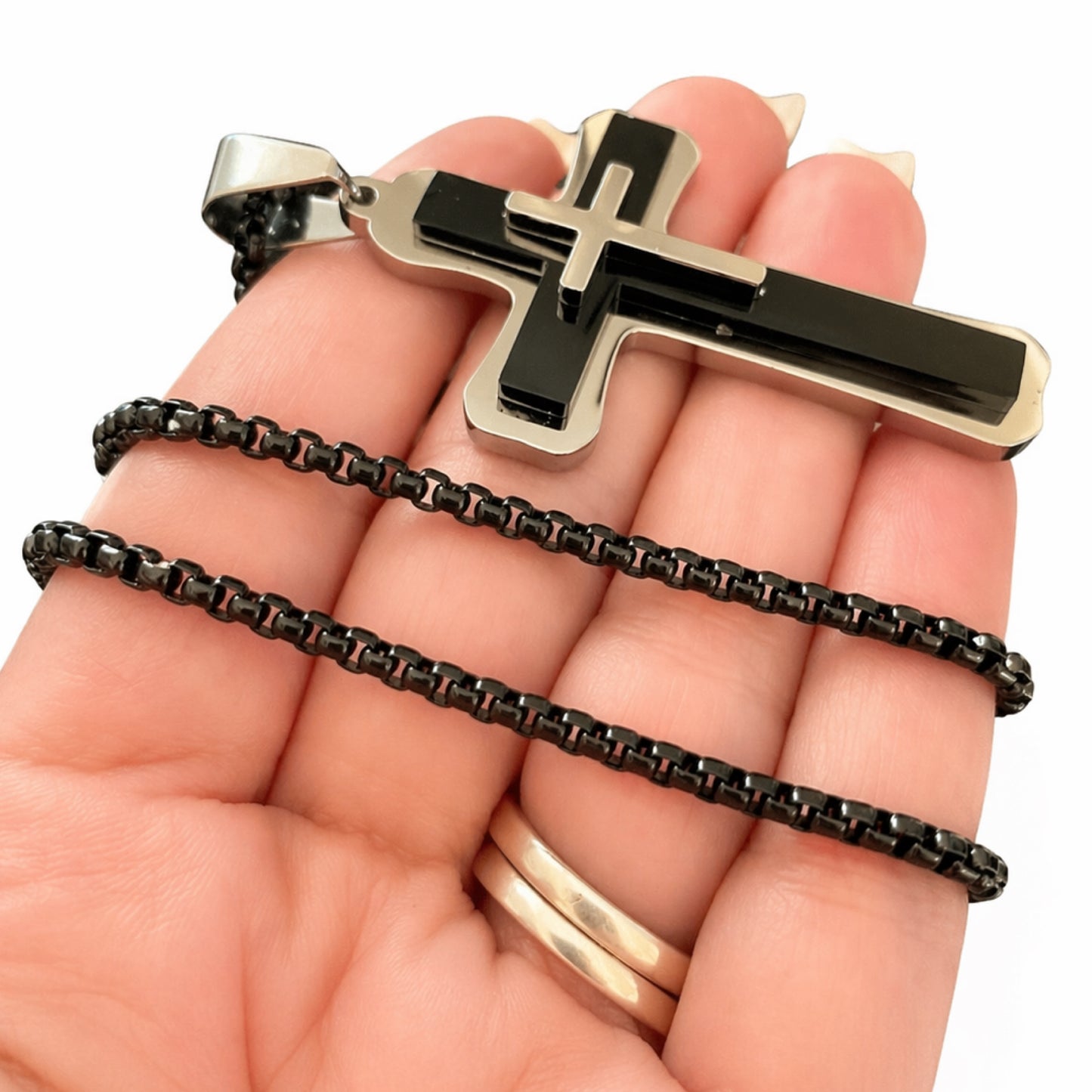 Black Stainless Steel Cross Necklace – 24” Box Chain