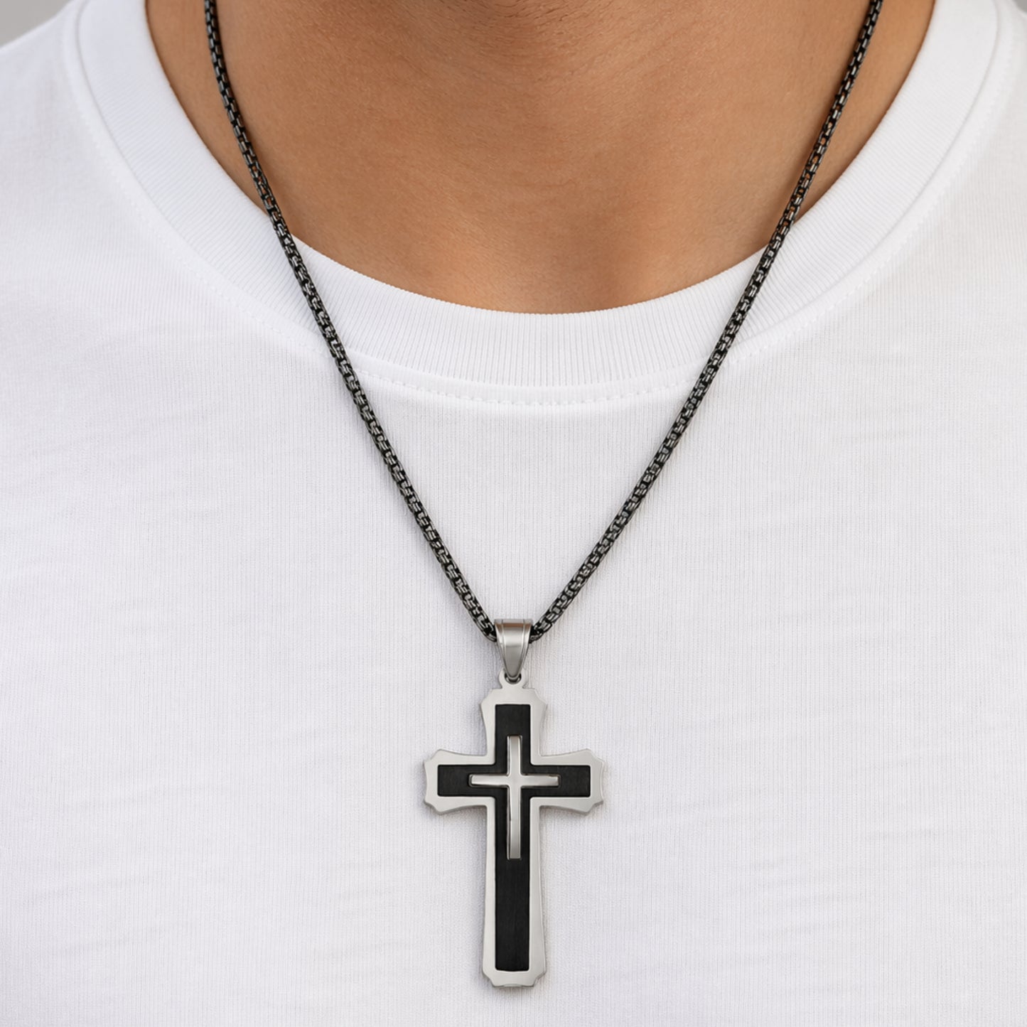 Black Stainless Steel Cross Necklace – 24” Box Chain