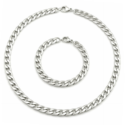 Stainless Steel Cuban Link Necklace & Bracelet Set – 18” Chain + 8” Bracelet