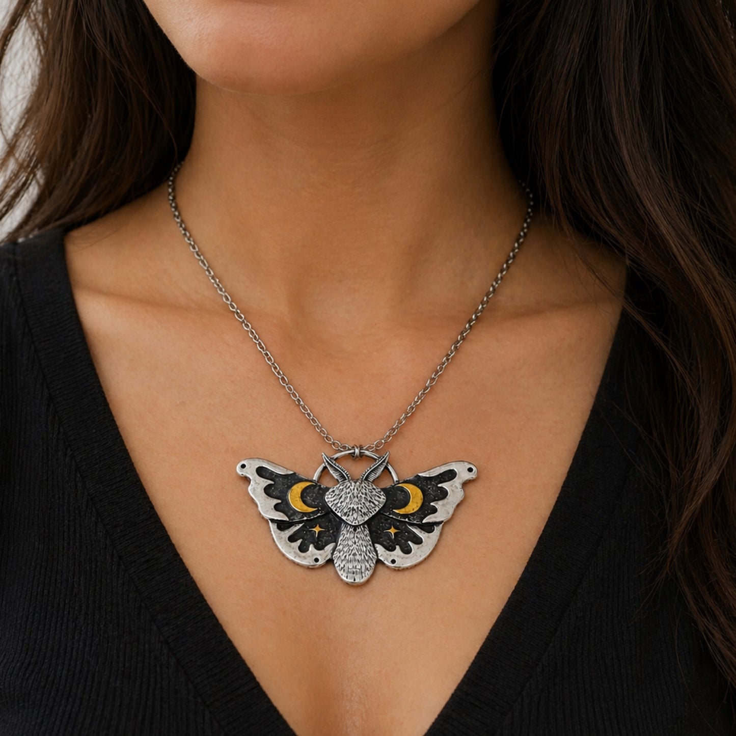 Silver Moth Necklace with Crescent Moon & Star Pendant