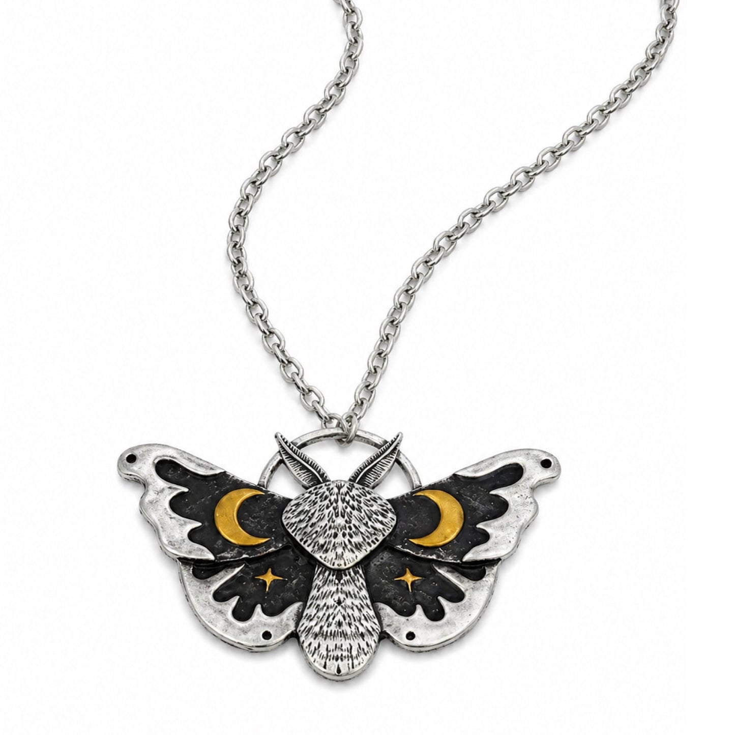 Silver Moth Necklace with Crescent Moon & Star Pendant