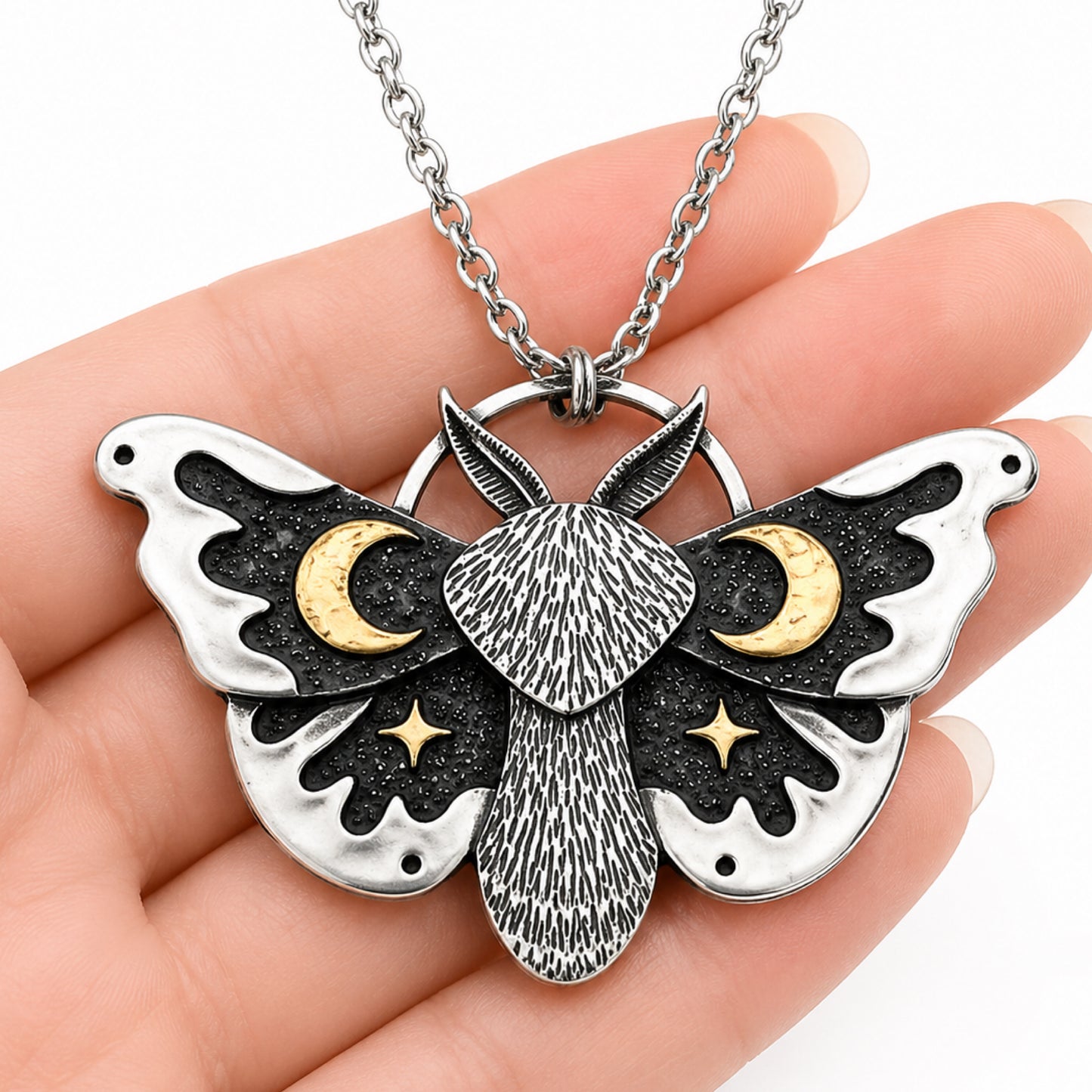 Silver Moth Necklace with Crescent Moon & Star Pendant