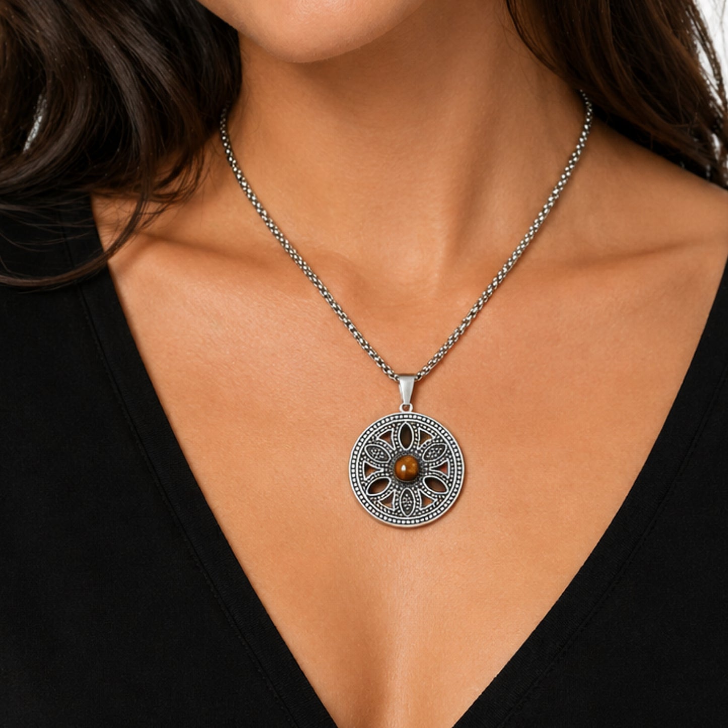 Stainless Steel Filigree Tiger Eye Pendant Necklace 24”