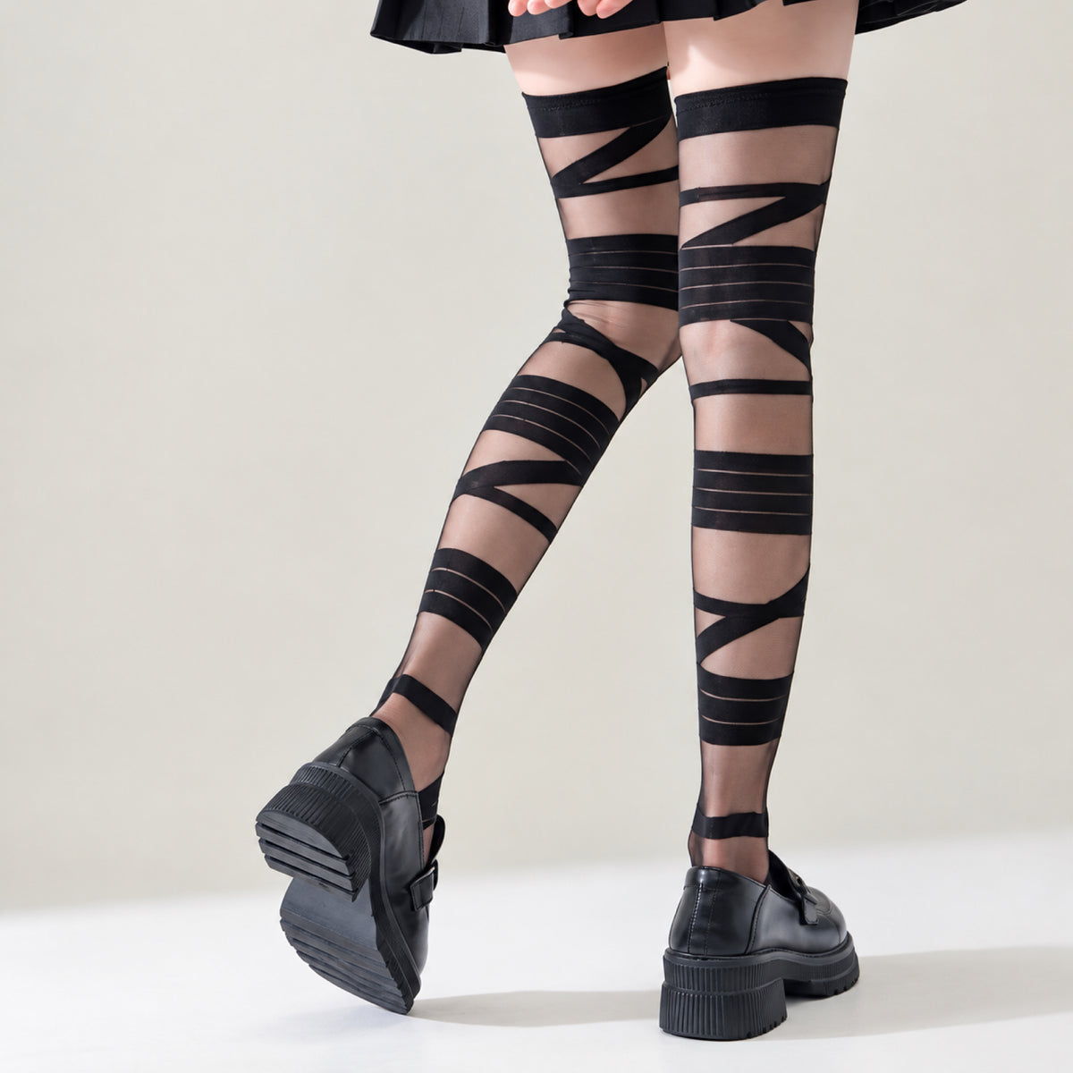 Black Strappy Thigh High Over the Knee Stockings
