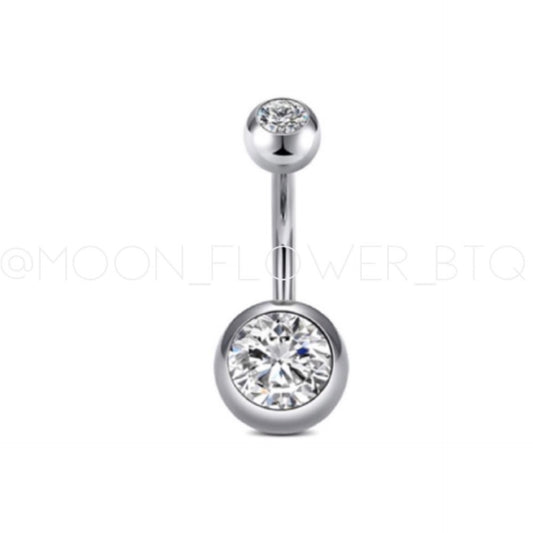 Silver Clear CZ Double Bezel Belly Button Ring – 14G Surgical Steel Navel Piercing