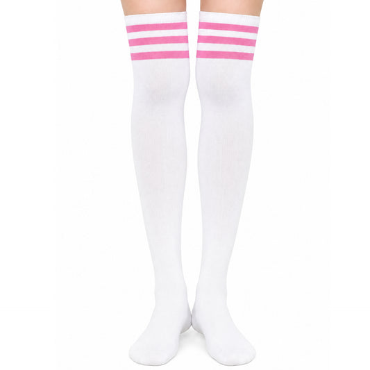 White Pink Stripe Thigh High Over the Knee Socks