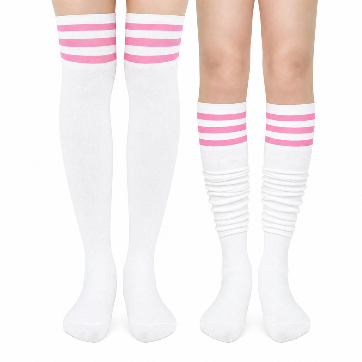 White Pink Stripe Thigh High Over the Knee Socks
