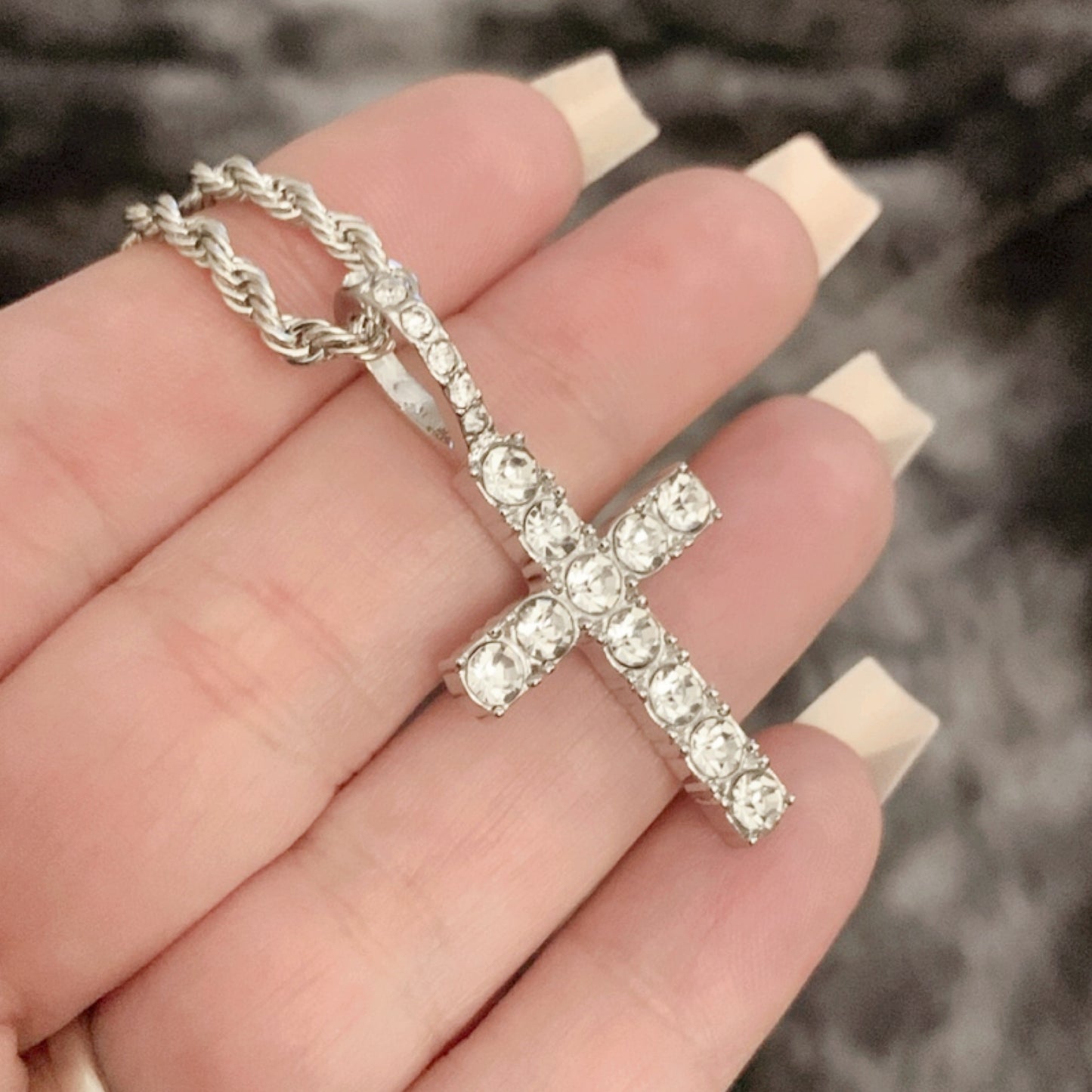 White Gold CZ Covered Cross Necklace