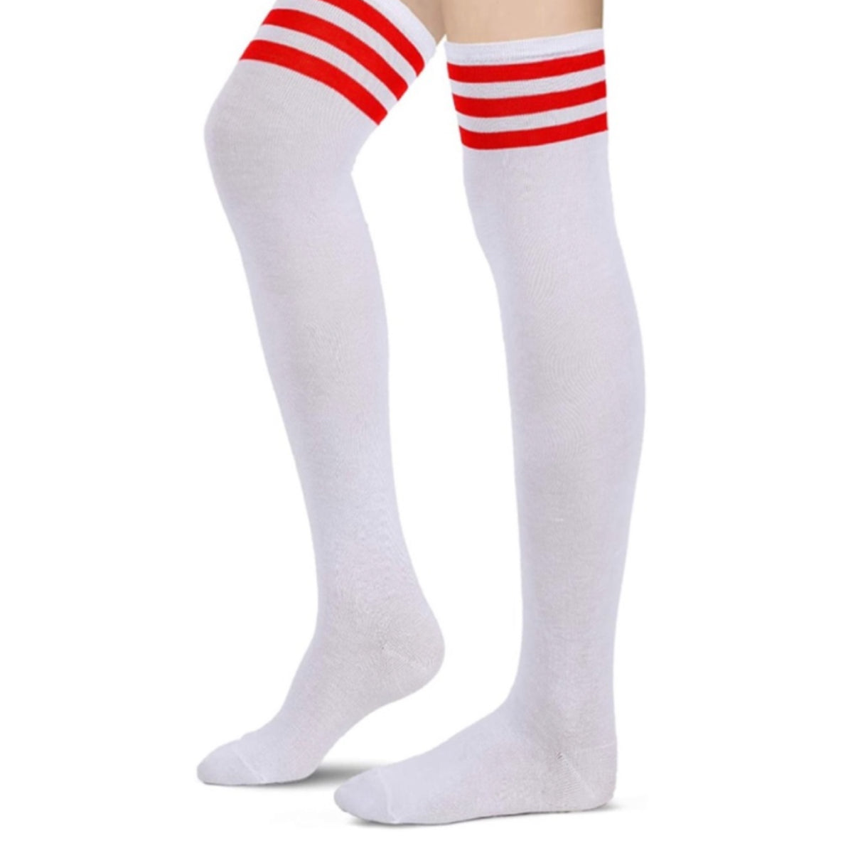 White Thigh High Over the Knee Socks with Red Stripes