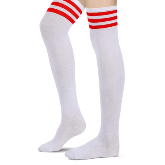 White Thigh High Over the Knee Socks with Red Stripes