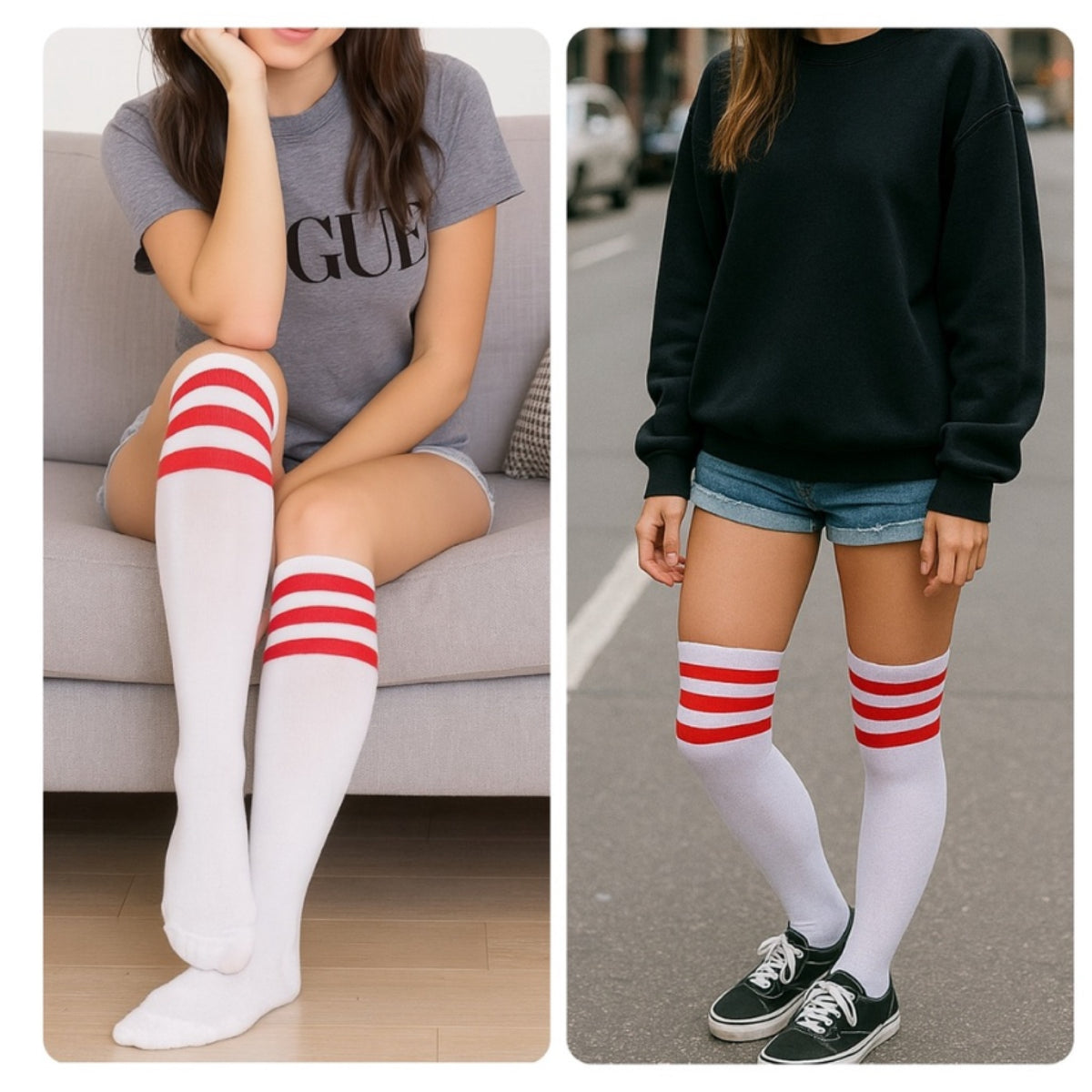 White Thigh High Over the Knee Socks with Red Stripes