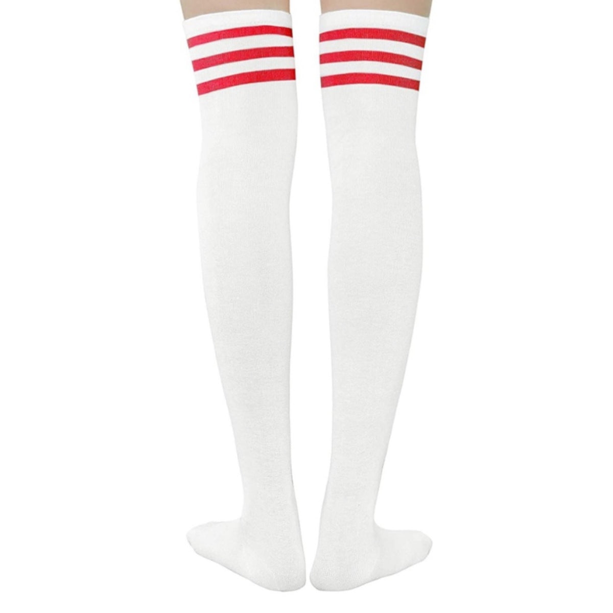 White Thigh High Over the Knee Socks with Red Stripes