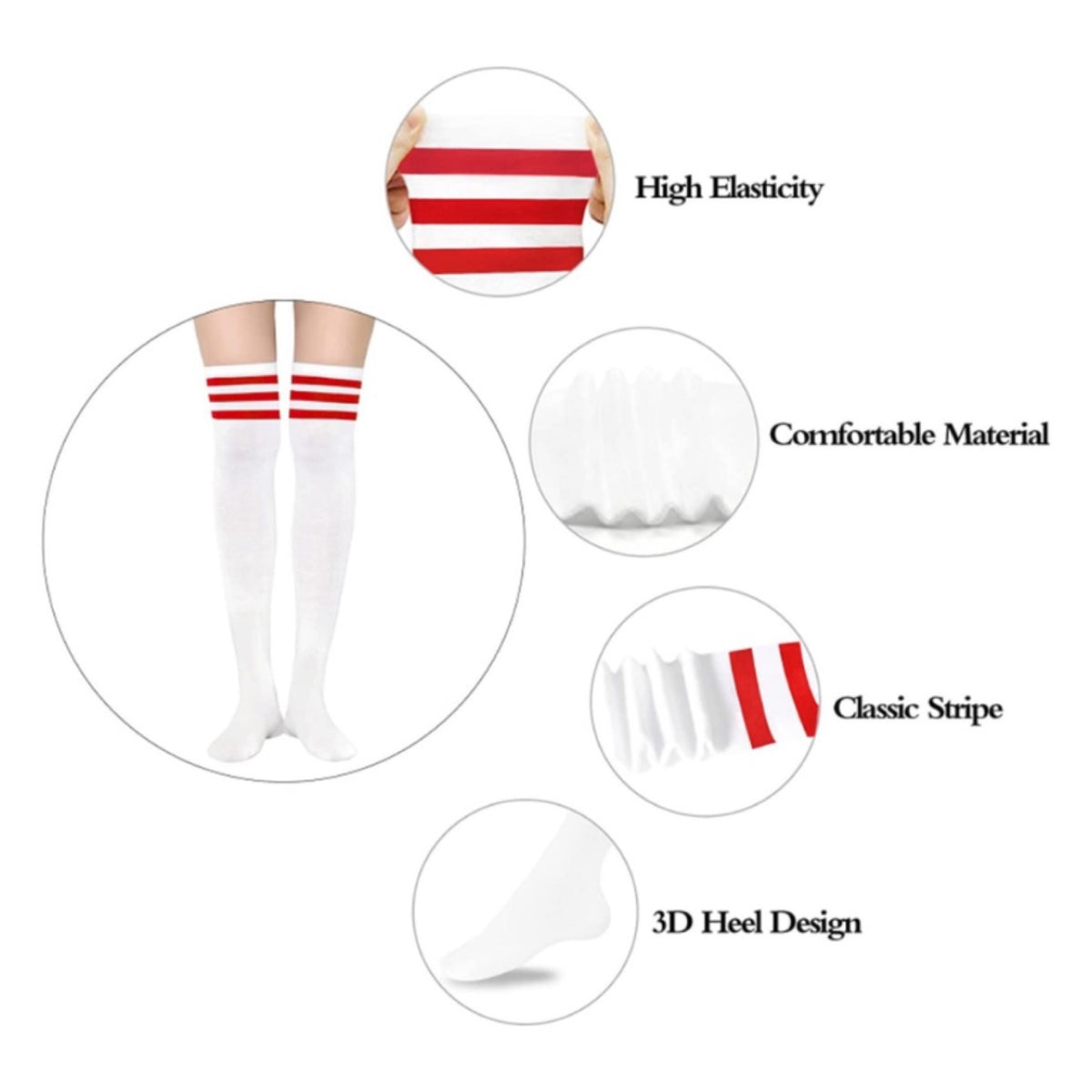 White Thigh High Over the Knee Socks with Red Stripes