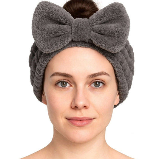 Gray Microfiber Coral Fleece Bow Headband | Spa, Skincare & Makeup Hair Wrap
