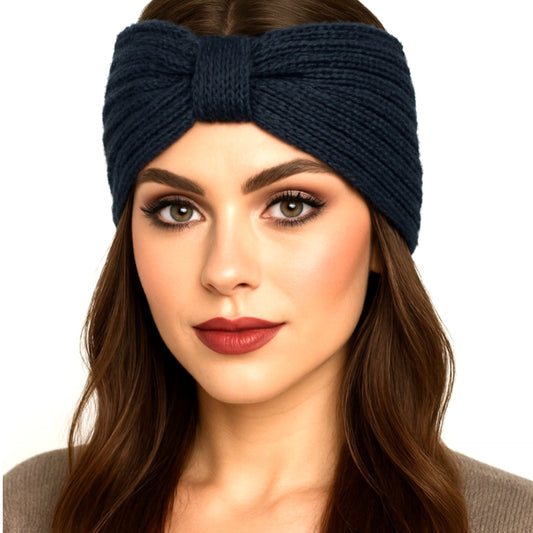 Dark Navy Ribbed Knit Twist Headband Ear Warmer | Winter Hair Accessory Cozy Bow Style