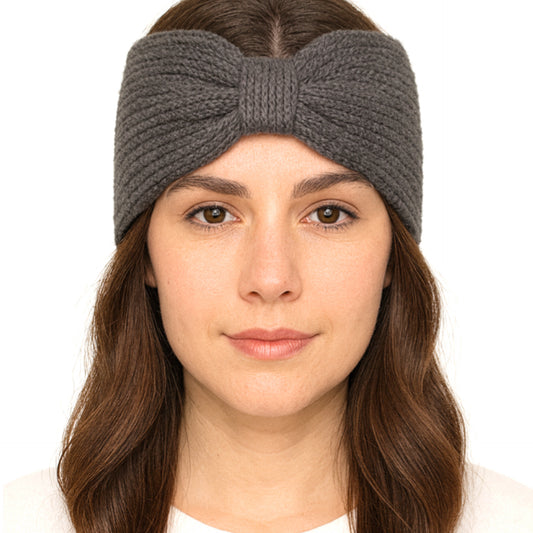Charcoal Gray Knit Bow Headband for Women – Warm Winter Ear Warmer