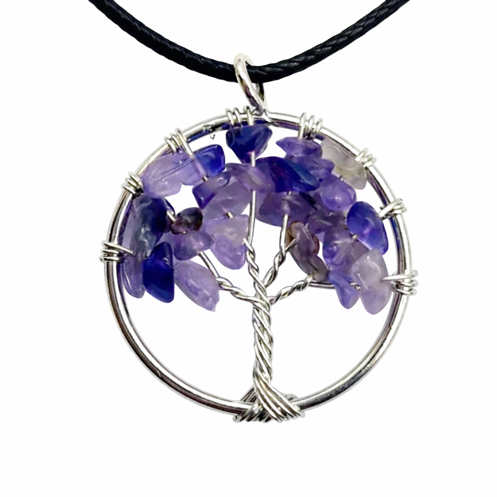 Amethyst Tree of Life Pendant Necklace – Purple | Black Braided Cord