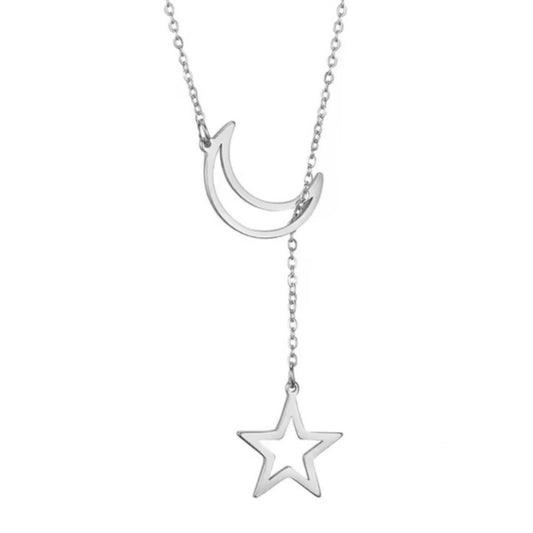 Silver Moon & Star Y Necklace – Celestial Lariat Pendant