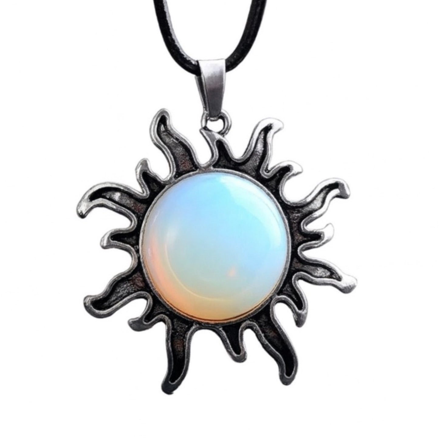Opalite Sun Pendant Necklace – Iridescent Glow Stone Sunburst on Black Cord