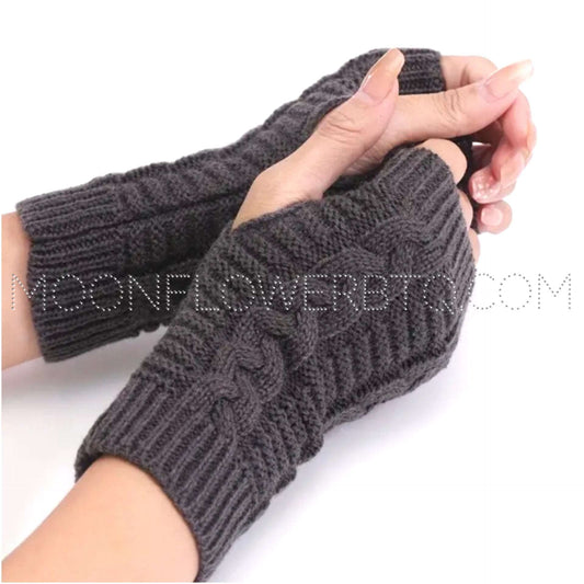 Dark Gray Knit Fingerless Gloves Arm Warmers – Cable Knit Winter Hand Warmers