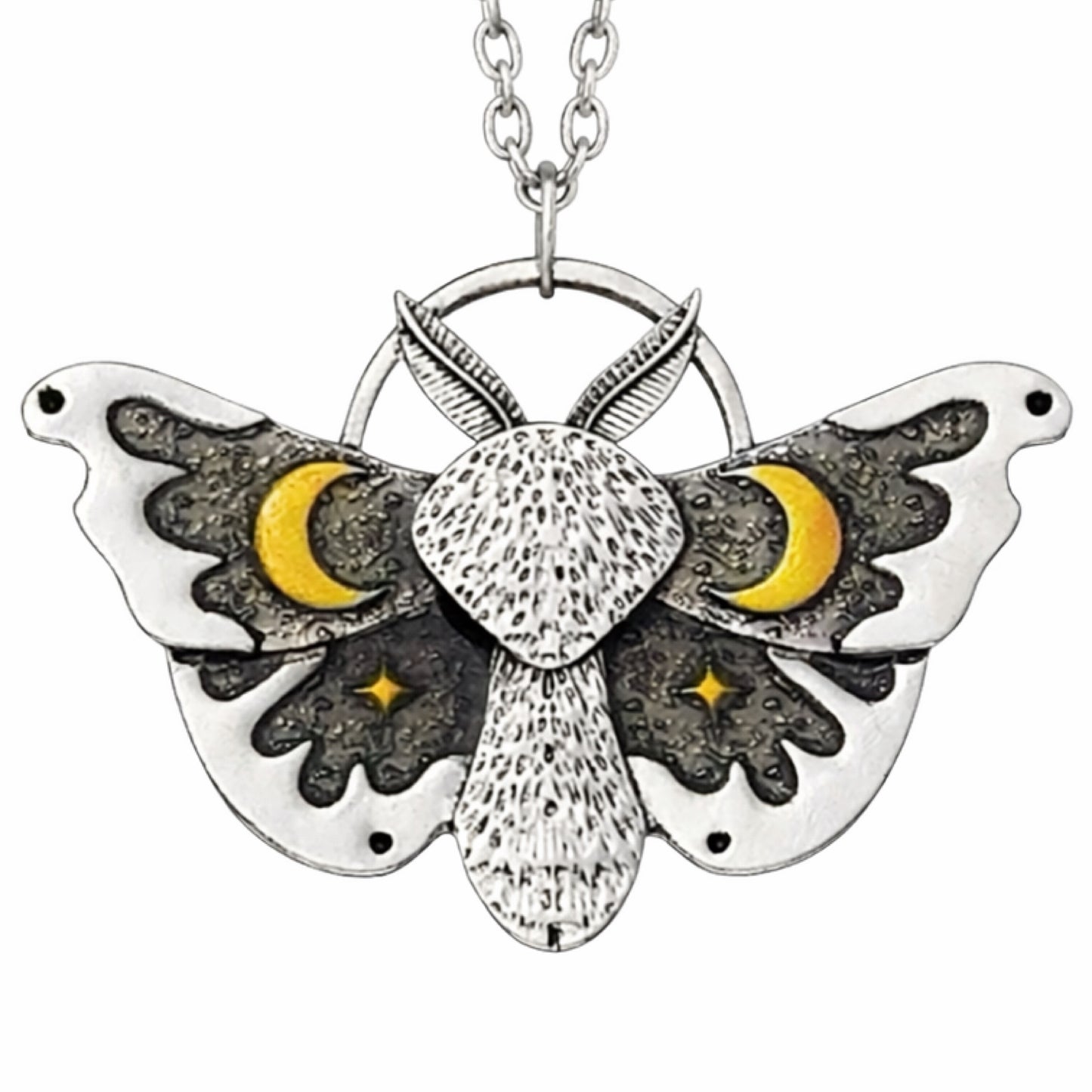 Silver Moth Necklace with Crescent Moon & Star Pendant