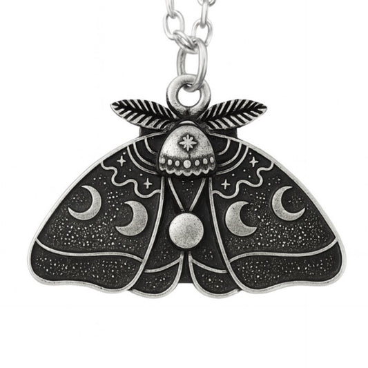 Celestial Moth Moon Pendant Necklace | Gothic Lunar Insect Jewelry