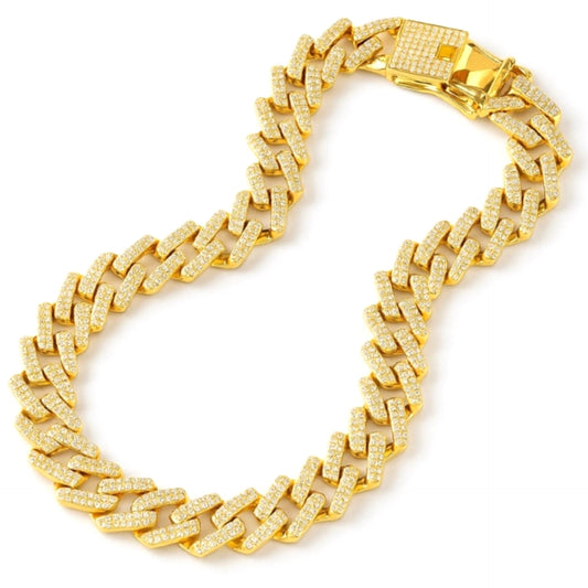 24” 15mm Gold Cuban Link Chain Necklace with Clear CZ – Iced Out Stainless Steel