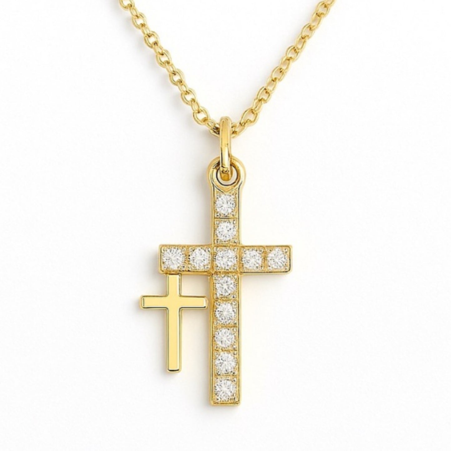 Dainty Double Cross Necklace - Gold Clear CZ