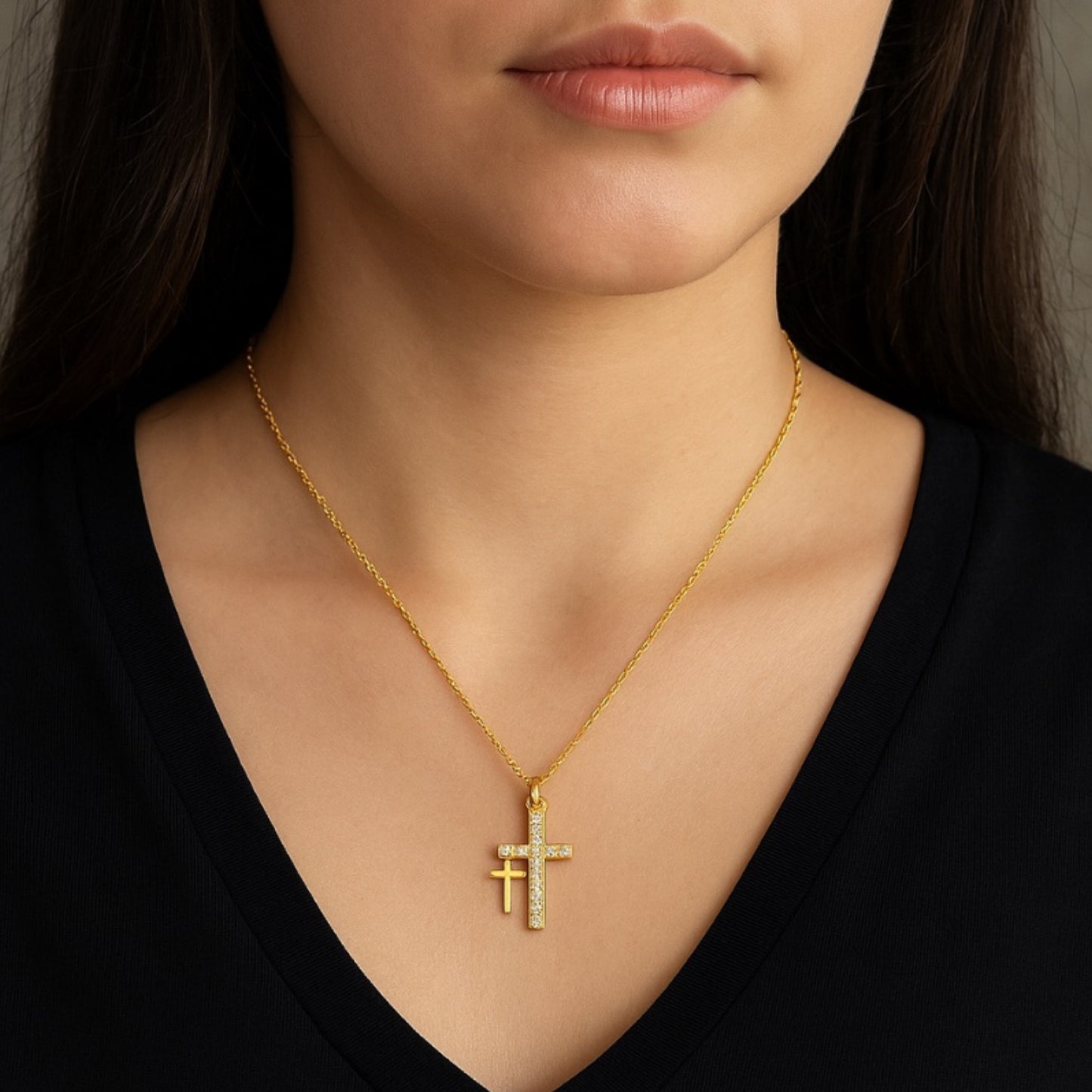 Dainty Double Cross Necklace - Gold Clear CZ