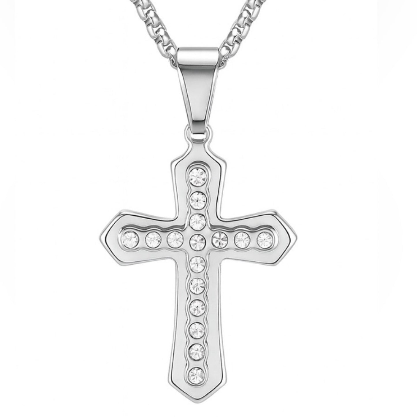 Stainless Steel Cross Necklace – CZ Pendant 22” Box Chain