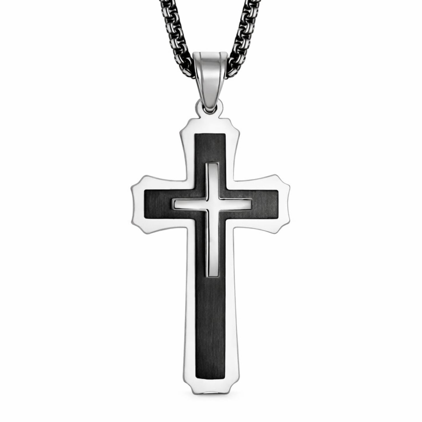 Black Stainless Steel Cross Necklace – 24” Box Chain
