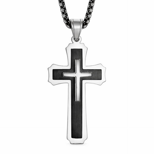 Black & Silver Multi-Layer Cross Necklace – Stainless Steel 24” Chain