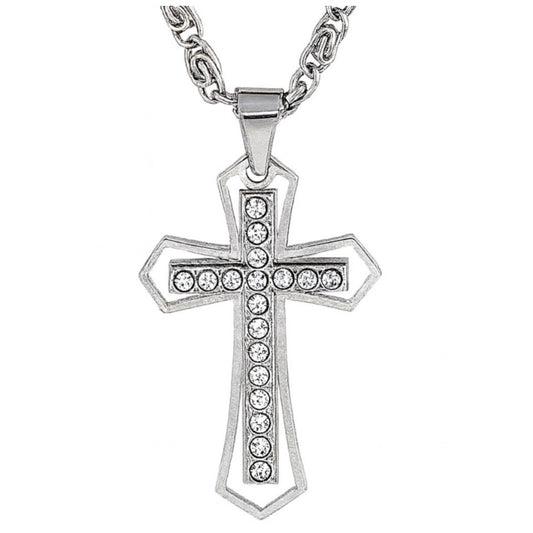 Stainless Steel CZ Cross Necklace – 2” Pendant on 20” Byzantine Chain | Unisex