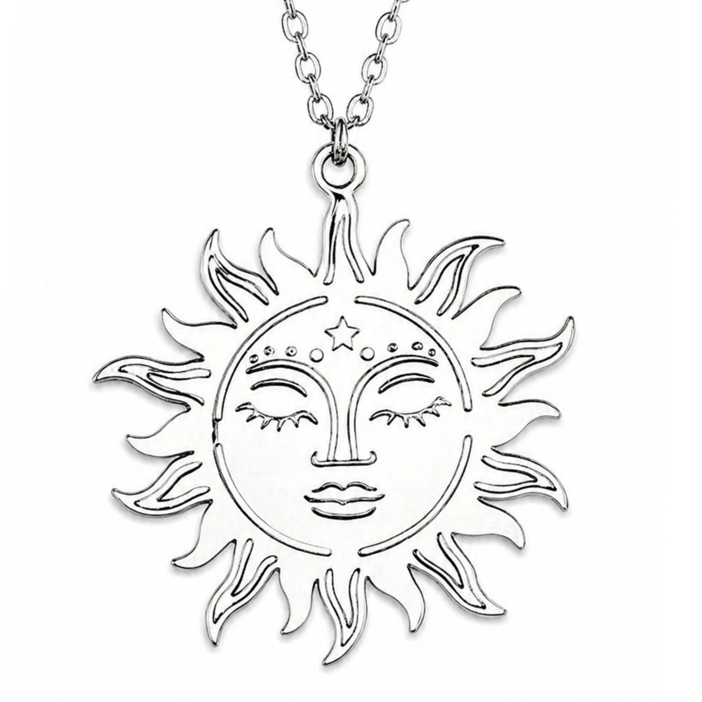 Silver Sun Face Pendant Necklace | 20” Stainless Steel Chain
