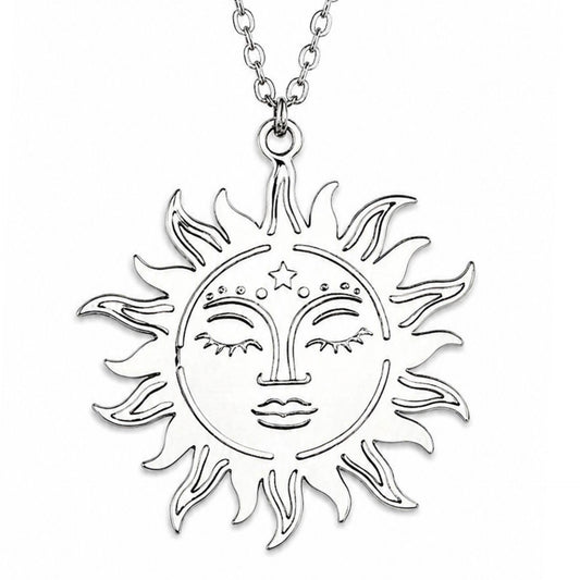 Silver Sun Face Pendant Necklace | 20” Stainless Steel Chain