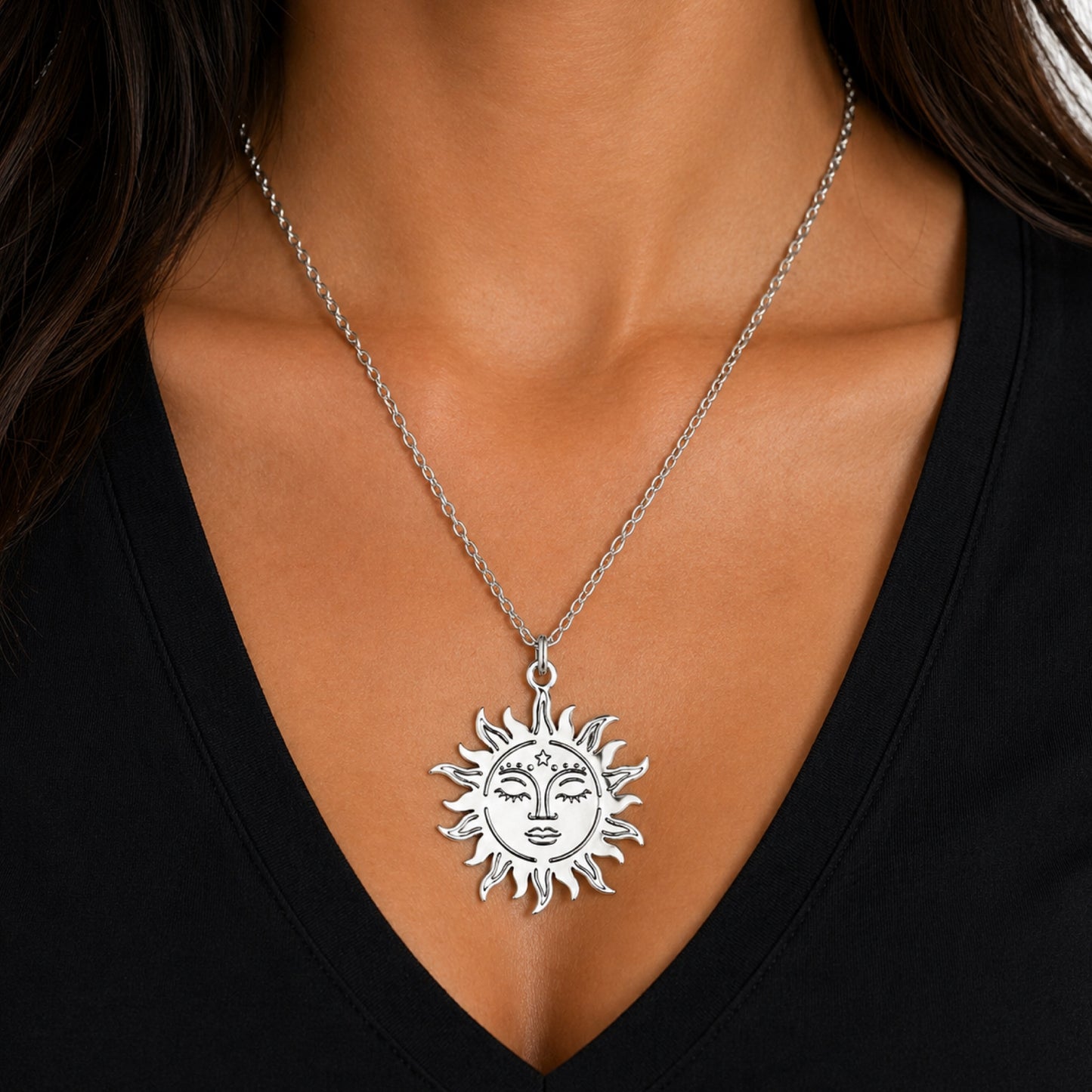 Silver Sun Face Pendant Necklace | 20” Stainless Steel Chain