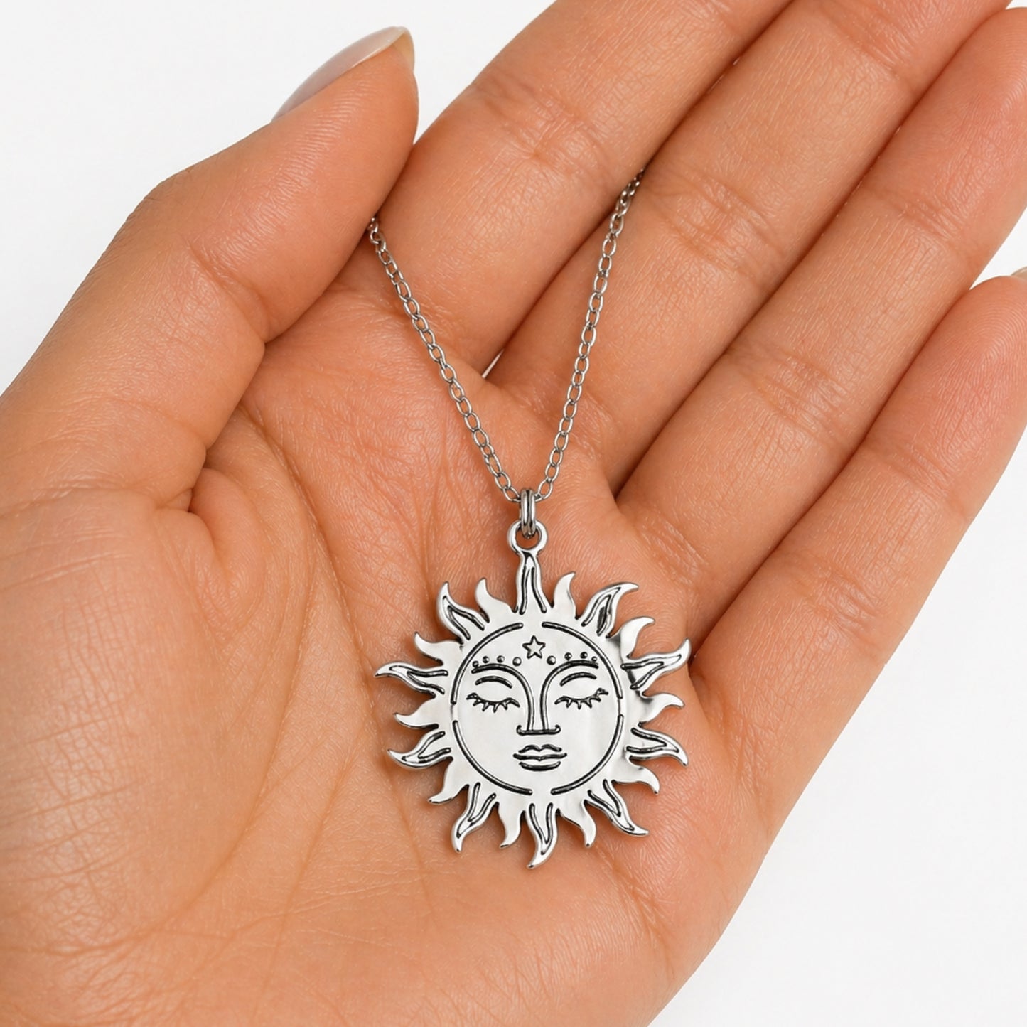 Silver Sun Face Pendant Necklace | 20” Stainless Steel Chain