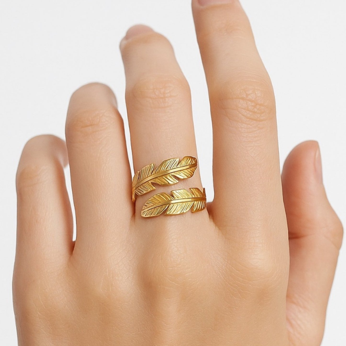 Gold Feather Wrap Ring – Adjustable Open Band