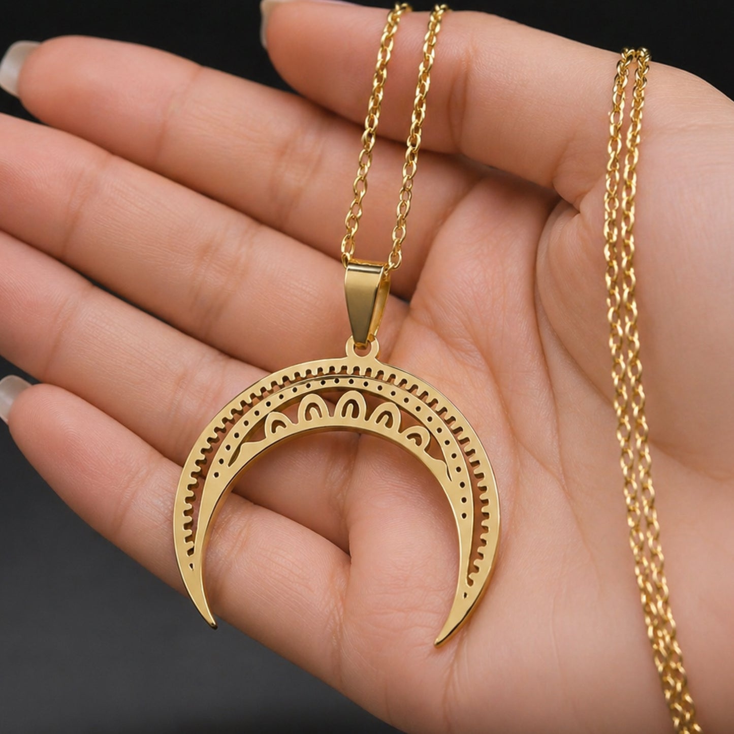 Gold Crescent Moon Cutout Necklace – 20” Chain
