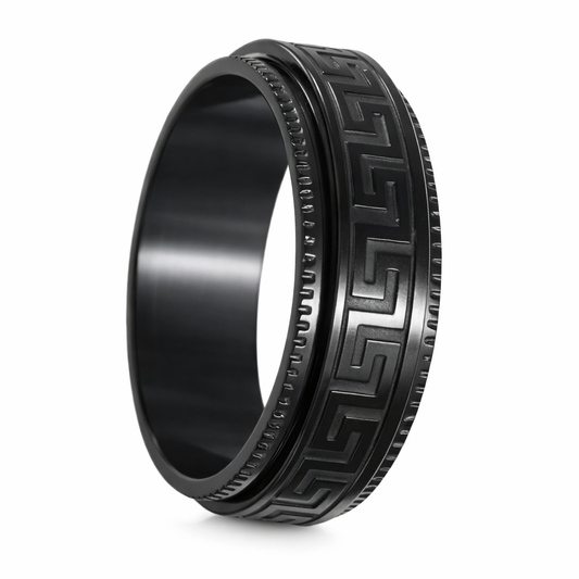 Black Greek Key Spinner Ring – Stainless Steel
