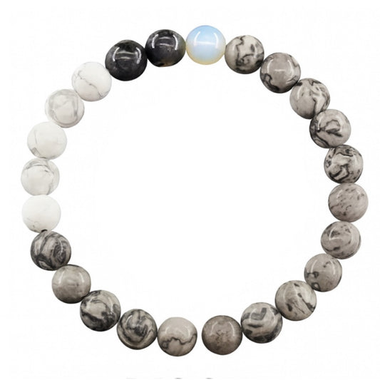 Moon Phase Beaded Bracelet – Opalite, Howlite & Marble Stone Stretch Bracelet