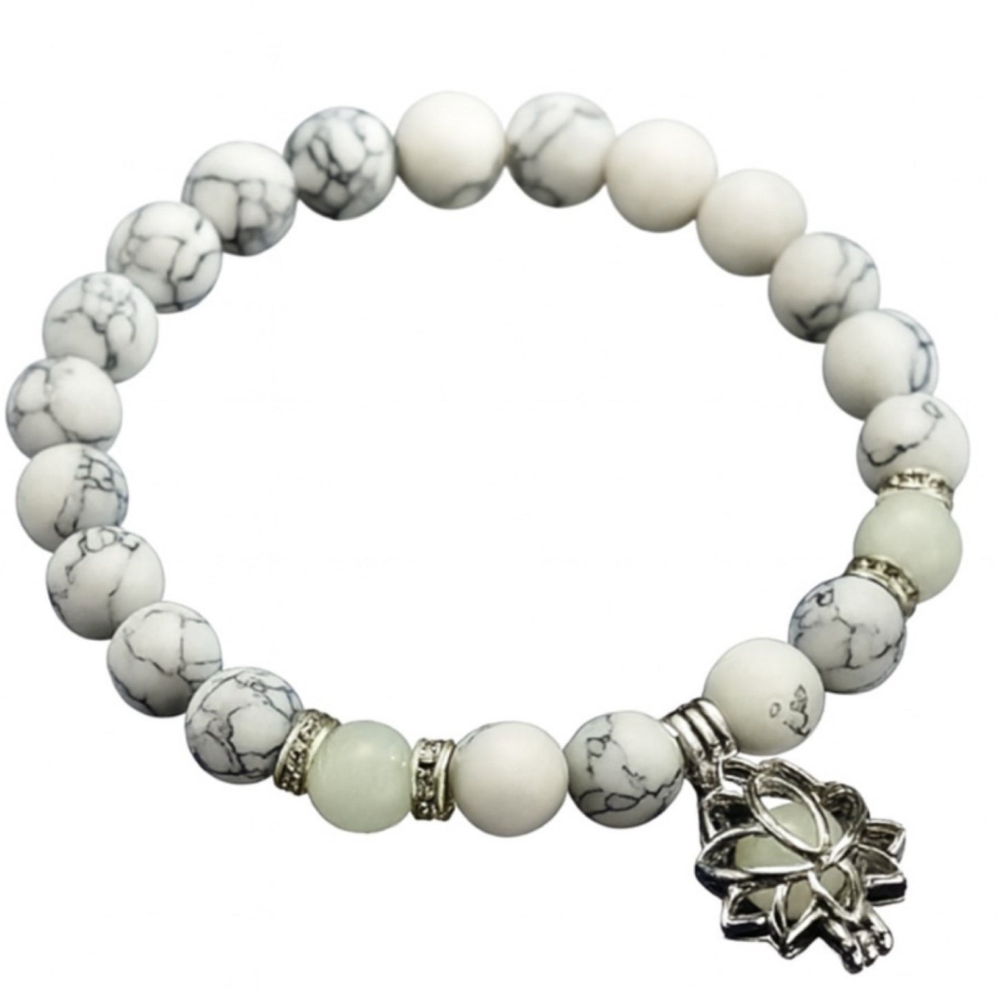 White Howlite Beaded Stretch Bracelet with Glow Beads & Lotus Charm