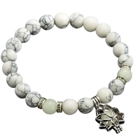 White Howlite Beaded Stretch Bracelet with Glow Bead & Lotus Charm | Yoga Healing Gemstone Jewelry