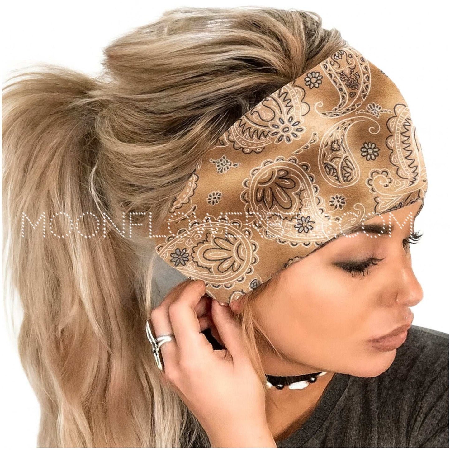 Tan Paisley Boho Headband Wide Hair Wrap Bandana Style