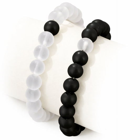 Black White Stone Beaded Bracelet Matching Set