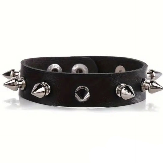 Punk Black Spiked Faux Leather Bracelet – Studded Goth Cuff